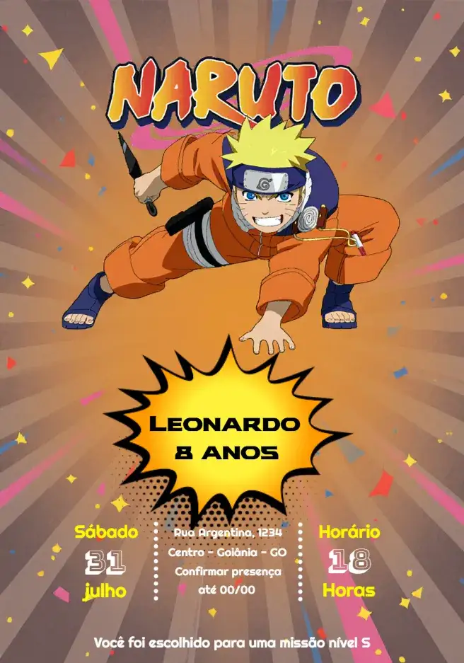 Convite Naruto Preto – tema Aniversário Infantil moderno, colorido, jovial, anime, temático