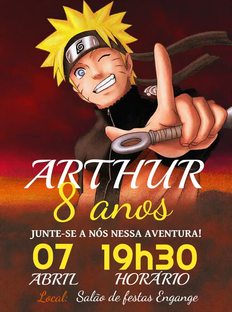 Convite Naruto Preto – tema Aniversário Infantil ninja, moderno, colorido, temático, anime, jovem