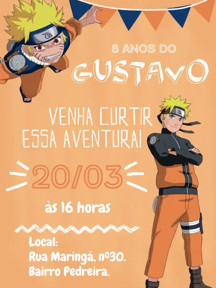Convite Naruto Preto – tema Aniversário Infantil chalkboard, anime, moderno, vibrante, ninja, colorido