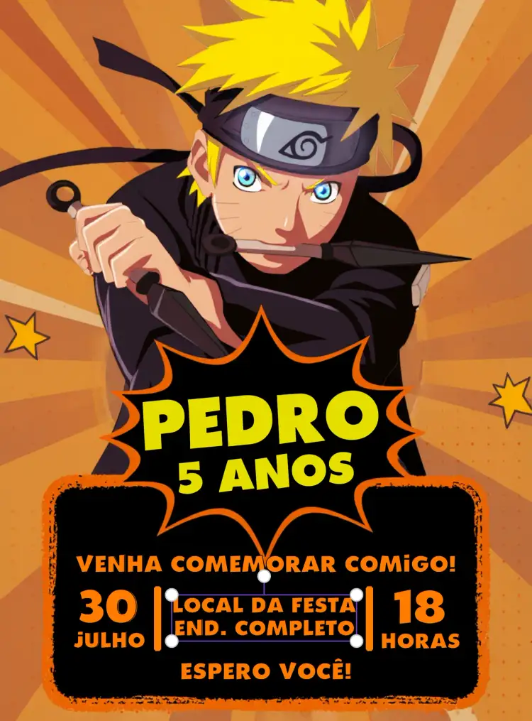 Convite Naruto Preto – tema Aniversário Infantil moderno, temático, anime, cores vibrantes, preto e laranja