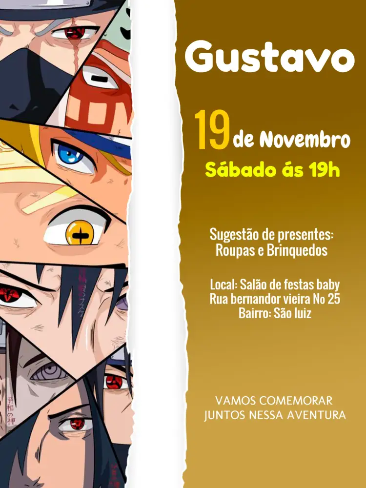 Convite Naruto S – tema Aniversário Infantil colorido, moderno, temático, jovial, ninja