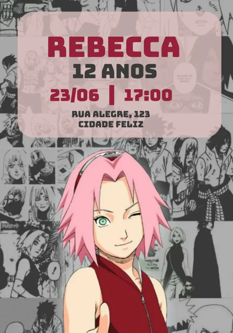 Convite Naruto Sakura Laranja – tema Aniversário Infantil anime, vibrante, moderno, divertido, colorido
