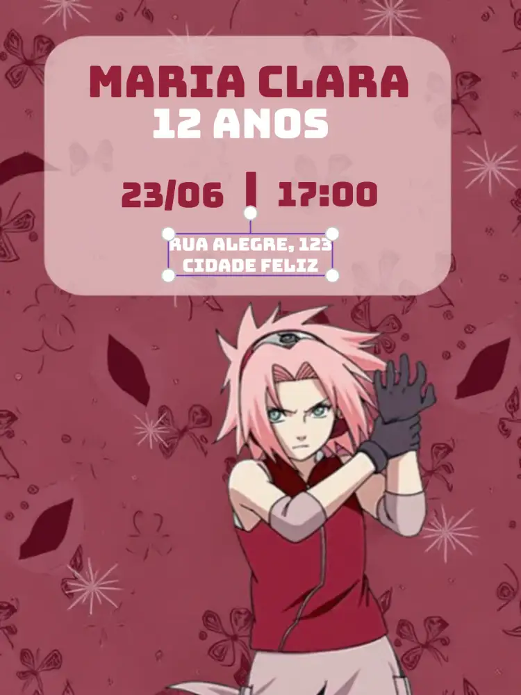 Convite Naruto Sakura Preto – tema Aniversário Infantil moderno, anime, temático, vibrante, colorido, divertido