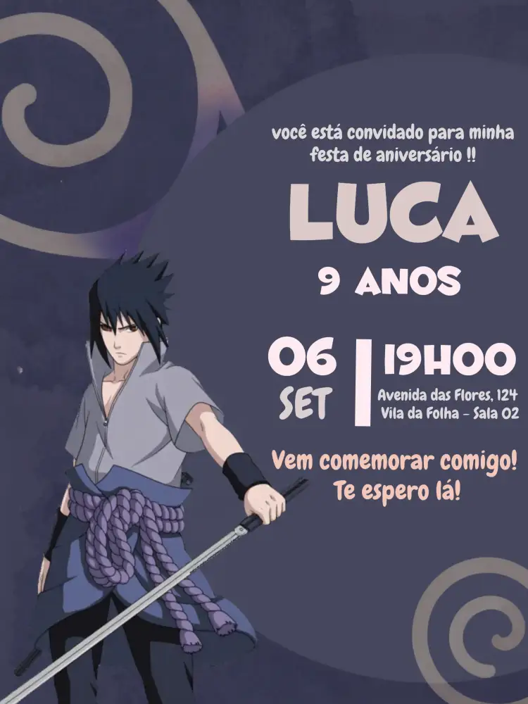 Convite Naruto Sasuke – tema Aniversário Infantil cores vibrantes, estilo anime, elementos gráficos de ninja, design dinâmico, festa infantil, aventura
