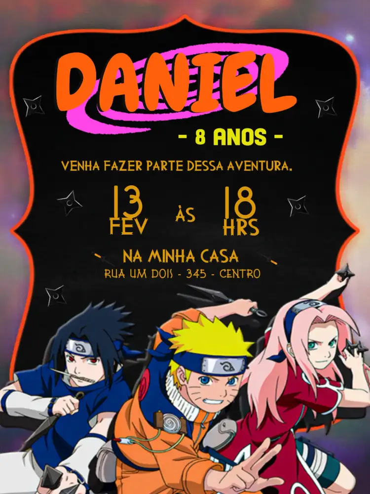Convite Naruto Sasuke – tema Aniversário Infantil moderno, anime, vibrante, jovem, temático, divertido