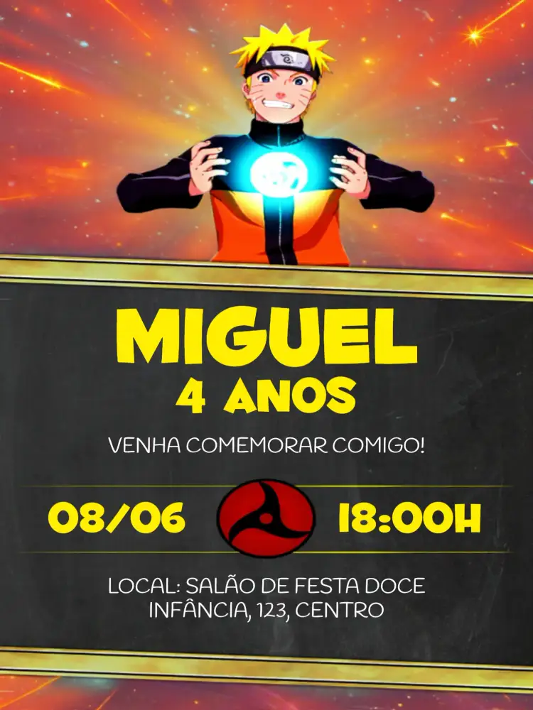 Convite Naruto Shippuden – tema Aniversário Infantil ninja, anime, colorido, moderno, divertido, jovem