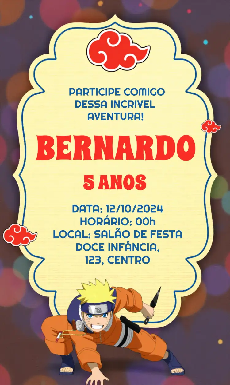 Convite Naruto Shippuden Desenho – tema Aniversário Infantil anime, ninja, colorido, jovial, divertido, temático