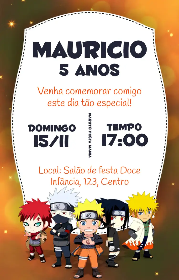 Convite Naruto Shippuden Festa – tema Aniversário Infantil cores vibrantes, estilo anime, elementos gráficos de ninja, design lúdico, tema de aventura, inspirado em Naruto