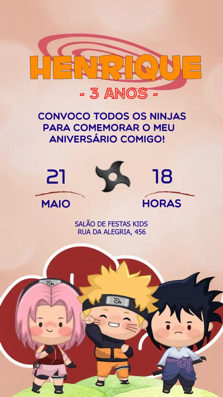 Convite Naruto Toy Infantil – tema Aniversário Infantil colorido, anime, ninja, divertido, jovial