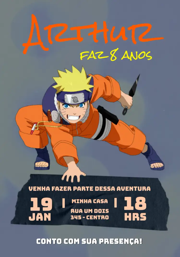 Convite Naruto Uzumaki – tema Aniversário Infantil anime, colorido, temático, divertido, moderno