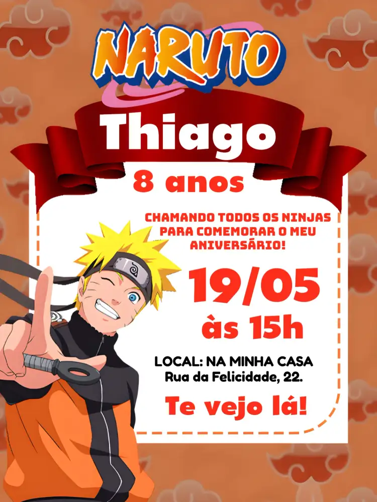Convite Naruto Vermelho – tema Aniversário Infantil vermelho, laranja, anime, ninja, aventura, temática