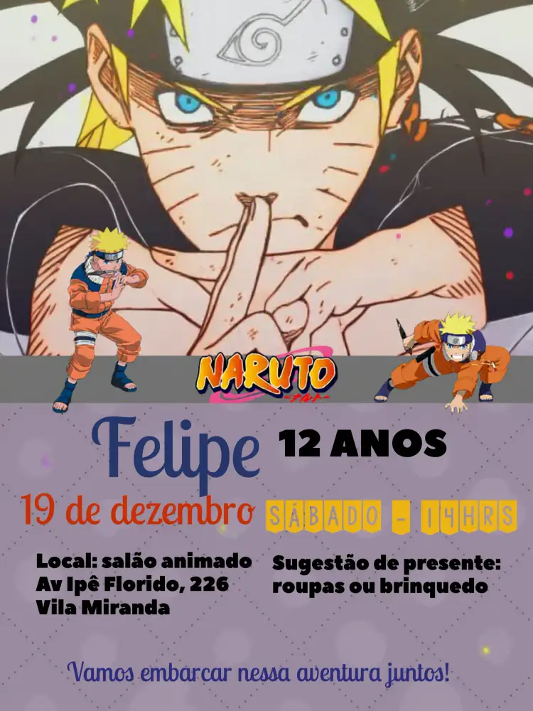 Convite Naruto Vermelho – tema Aniversário Infantil colorido, anime, moderno, jovial, temático