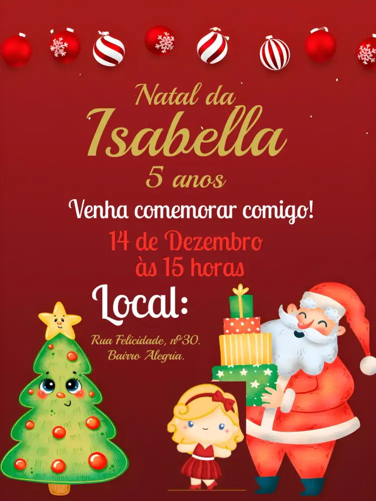 Convite Natal Ano – tema Datas Comemorativas festivo, natalino, vermelho e dourado, elementos gráficos, alegre, moderno