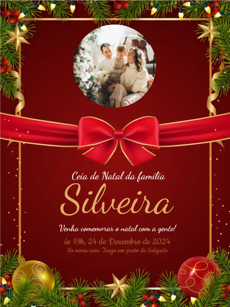 Convite Natal Com Foto Confraternização – tema Datas Comemorativas vermelho, dourado, minimalista, festivo, moderno