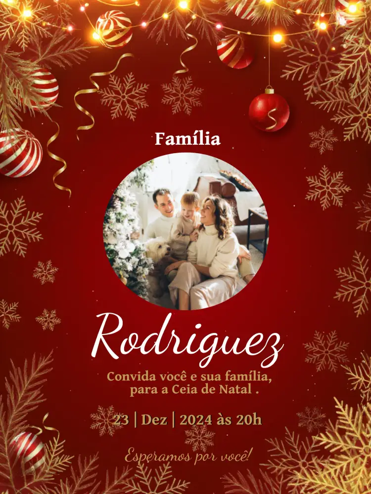 Convite Natal Com Foto Dourado – tema Datas Comemorativas dourado, vermelho, verde, elegante, festivo, moderno