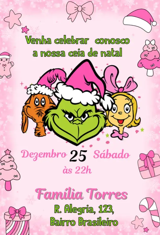Convite Natal com Grinch Rosa – tema Datas Comemorativas divertido, rosa, natalino, moderno, colorido, ilustração