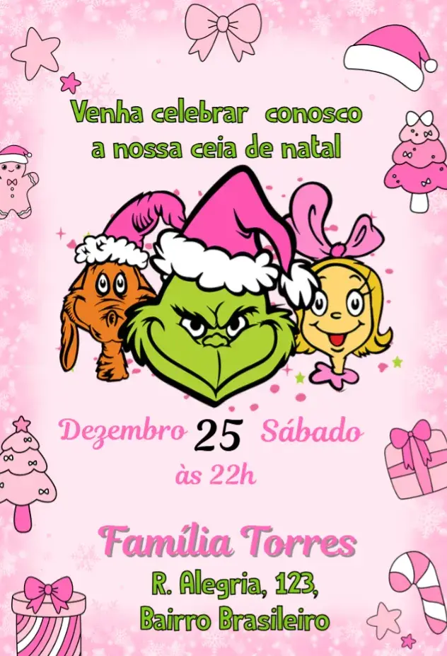 Convite Natal com Grinch Rosa