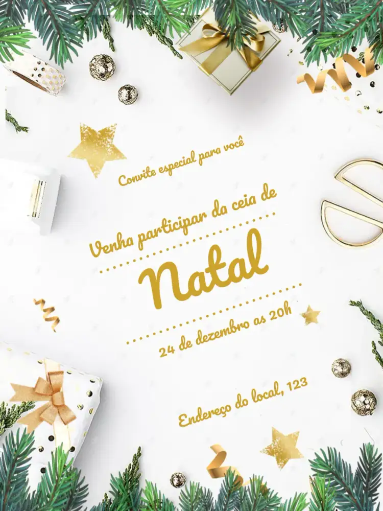 Convite Natal Confraternização – tema Datas Comemorativas vermelho e verde, dourado e branco, inspirado em flocos de neve, vintage natalino, moderno e minimalista