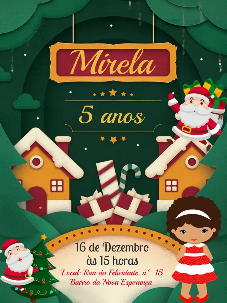 Convite Natal De – tema Datas Comemorativas vermelho, dourado, verde, branco, festivo, clássico