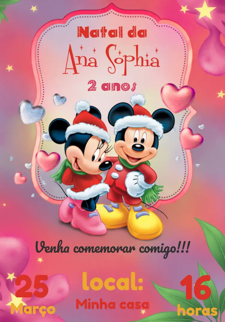 Convite Natal Do Mickey E Da Minnie Mouse Anivesário – tema Datas Comemorativas vermelho, rosa, Disney, infantil, divertido, temático
