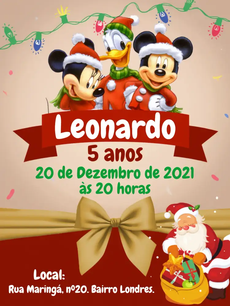 Convite Natal Do Mickey Mouse Branco – tema Datas Comemorativas branco, vermelho, verde, natalino, divertido, infantil