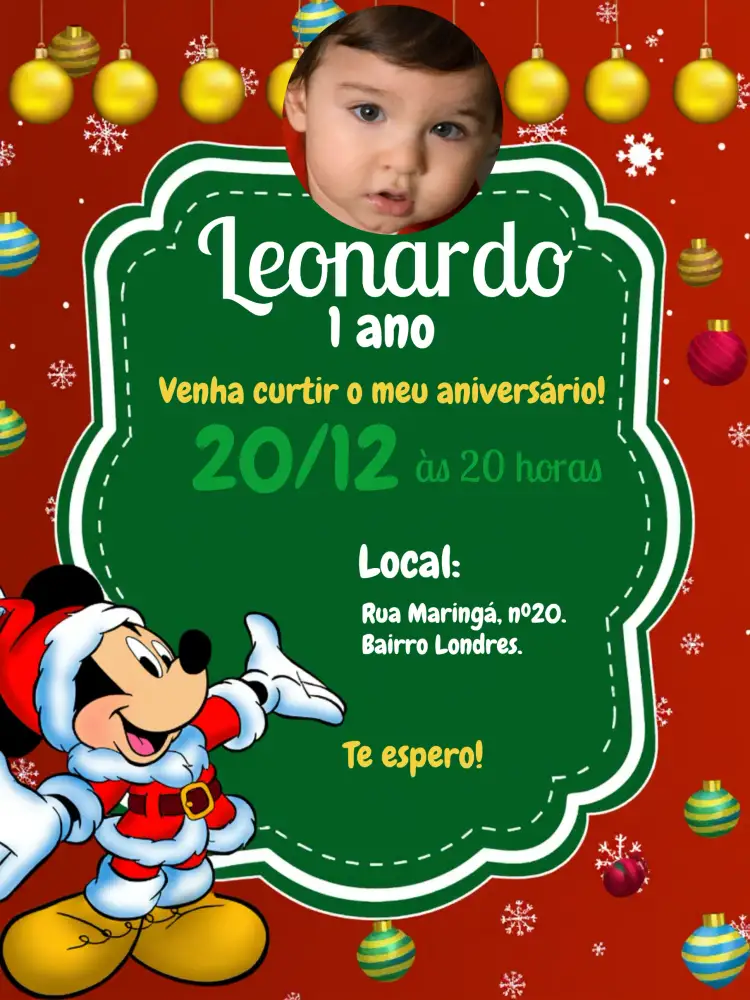 Convite Natal Do Mickey Mouse Com Foto Pato – tema Datas Comemorativas natalino, colorido, divertido, infantil, temático, festivo