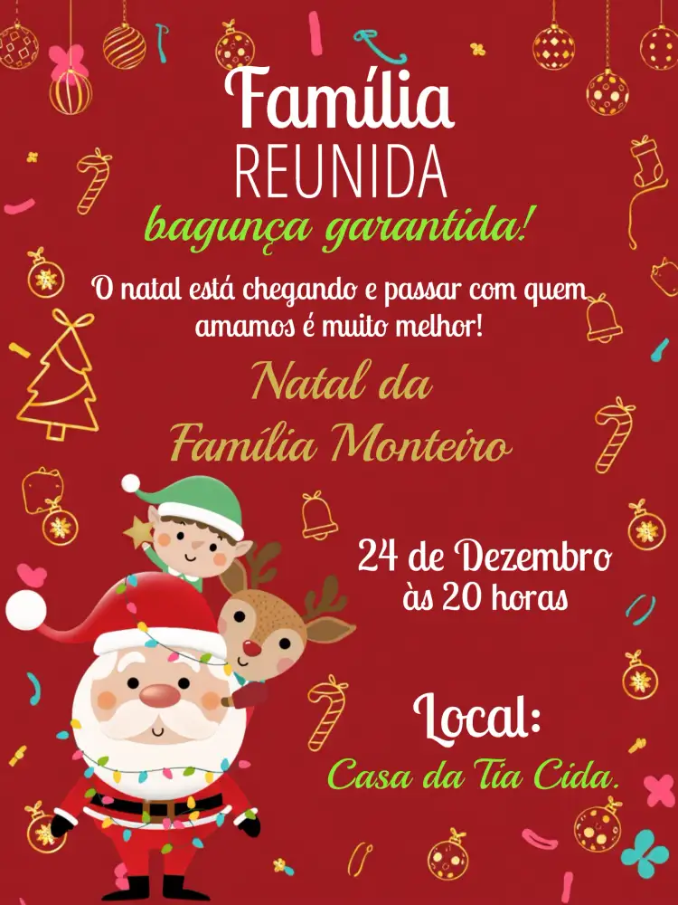 Convite Natal Em Família Branco – tema Datas Comemorativas branco, vermelho, dourado, verde, festivo, clássico