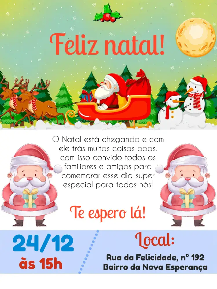 Convite Natal Em Família Noel – tema Datas Comemorativas azul, branco, verde, vermelho, lúdico, festivo