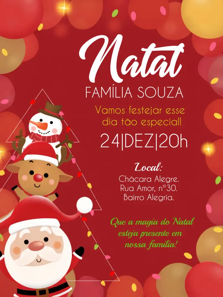 Convite Natal Em Família Reuniao – tema Datas Comemorativas vermelho e verde, festivo, tradicional, infantil, ilustrações natalinas