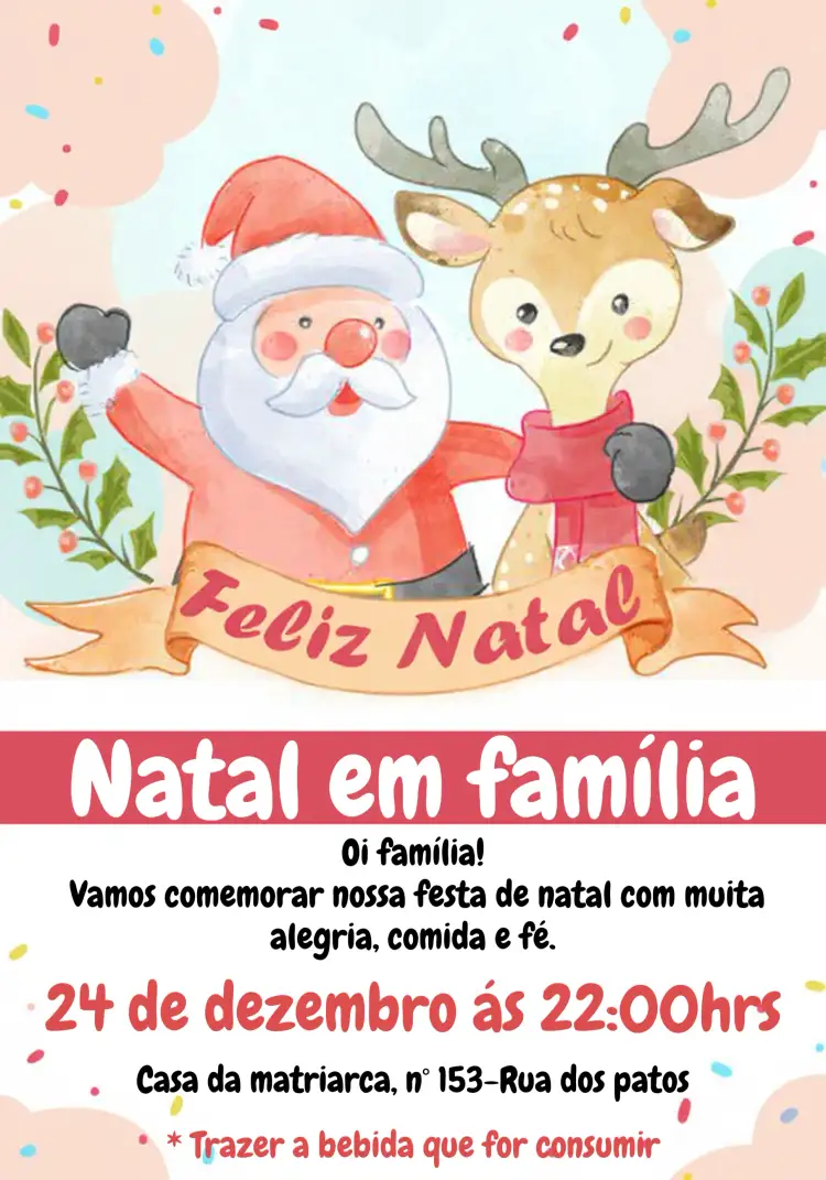 Convite Natal Em Família Vermelho – tema Datas Comemorativas vermelho vibrante, verde natalino, branco clássico, elementos natalinos, design festivo, estilo aconchegante