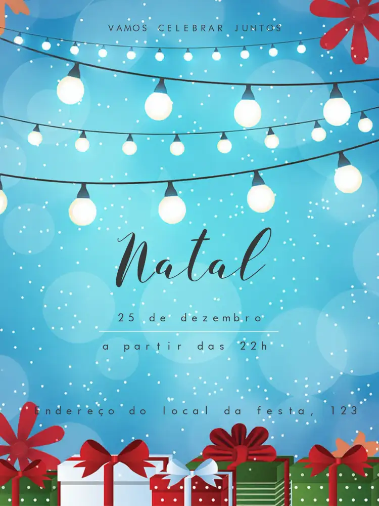 Convite Natal Família – tema Datas Comemorativas vermelho e verde, dourado, ilustrações natalinas, minimalista, vintage, moderno