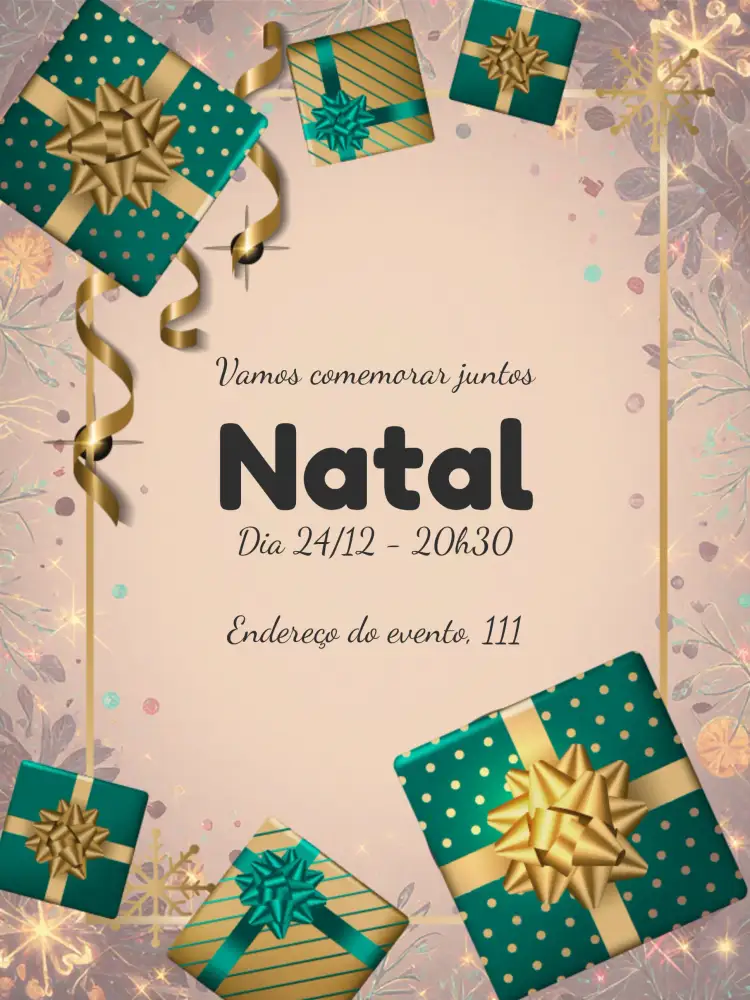 Convite Natal Festa – tema Datas Comemorativas vermelho e verde, dourado, vintage, minimalista, temática natalina, ilustrações de árvores e presentes
