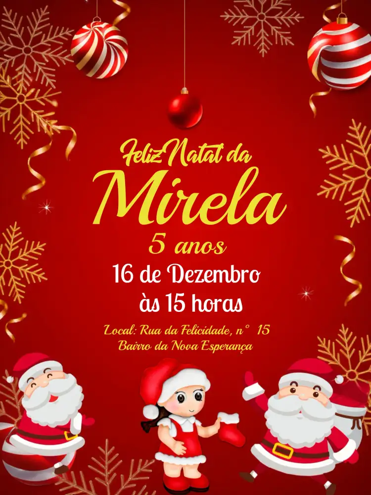 Convite Natal Festas – tema Datas Comemorativas vermelho, dourado, verde, branco, festivo, clássico
