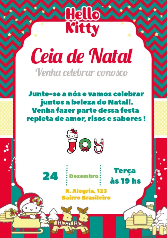 Convite Natal Hello Kitty Sanrio – tema Datas Comemorativas colorido, divertido, infantil, festivo, Sanrio, fofo