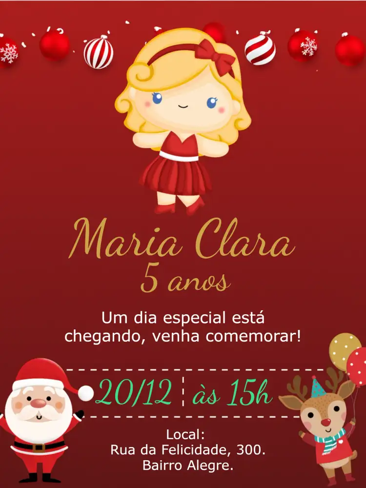 Convite Natal Menina Loira Papai – tema Datas Comemorativas dourado, vermelho, verde, natalino, infantil, festivo