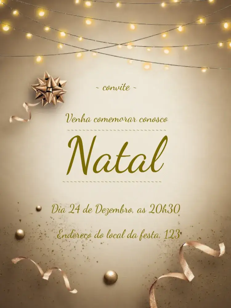 Convite Natal Natalina – tema Datas Comemorativas vermelho e verde, dourado, minimalista, vintage, neve, estrelas