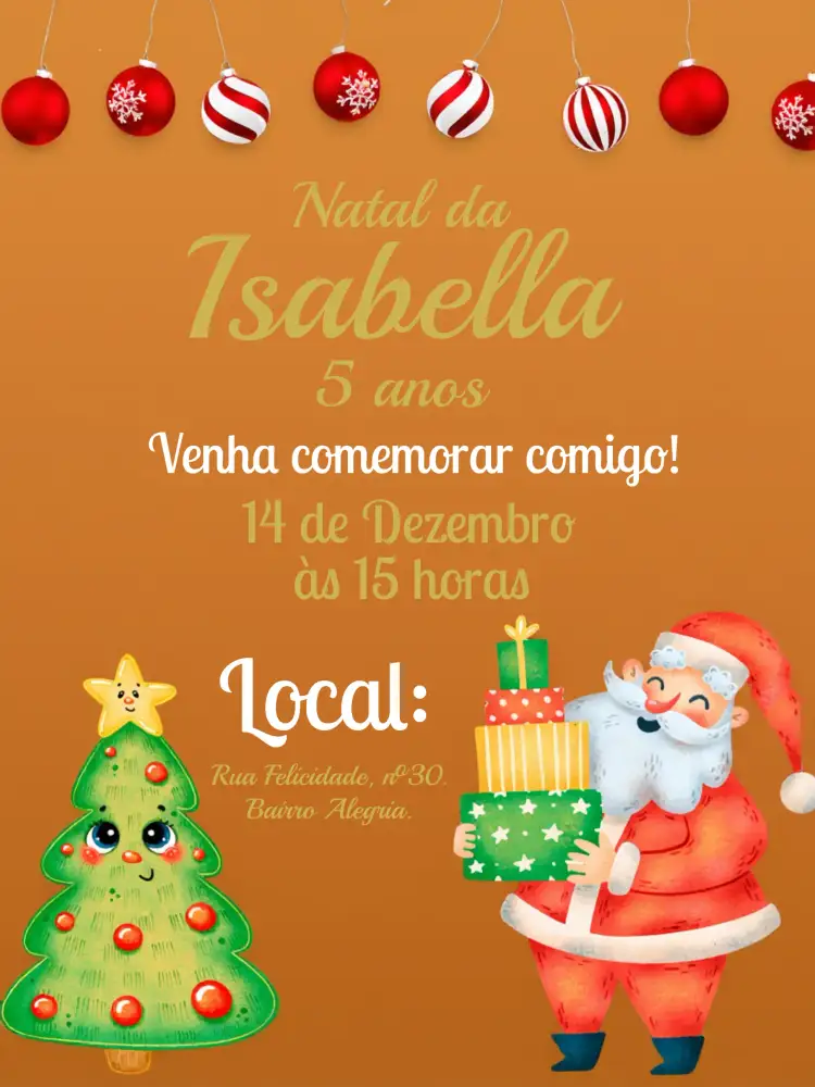 Convite Natal Novo – tema Datas Comemorativas vermelho, dourado, verde, branco, festivo, clássico