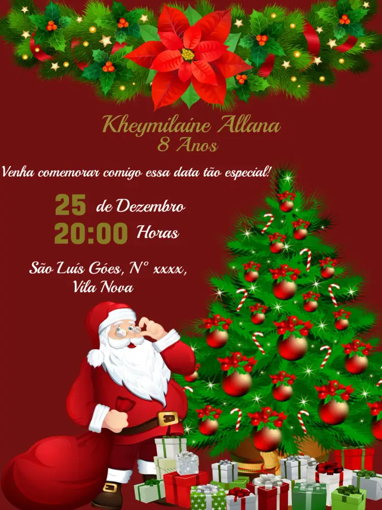 Convite Natal Vermelho – tema Datas Comemorativas vermelho, verde, dourado, festivo, clássico