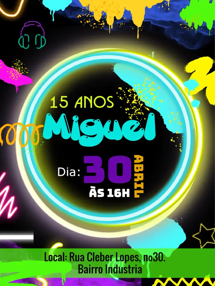 Convite Neon Brilho – tema Mais pesquisados neon, vibrante, moderno, balada, festivo