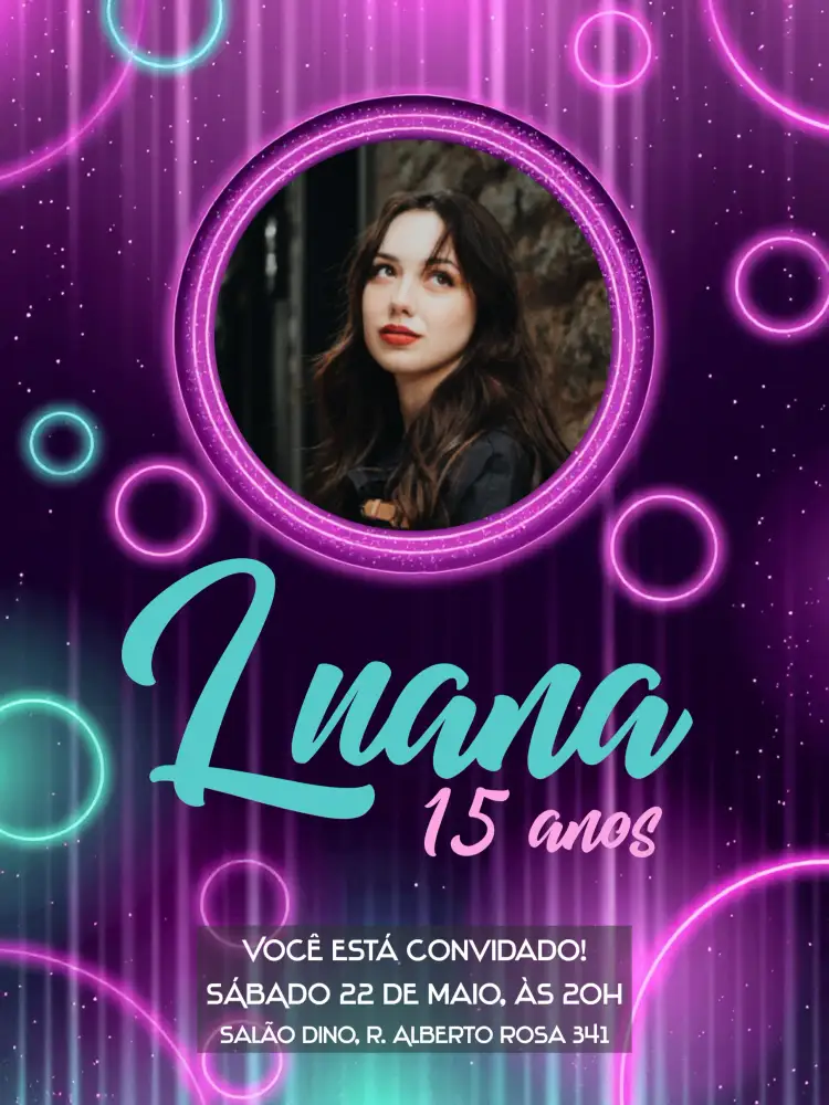 Convite Neon Com Foto Roxo – tema 15 anos neon, moderno, vibrante, colorido, jovem