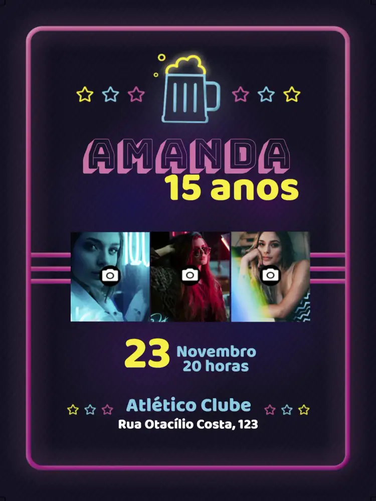 Convite Neon Com Fotos Mosaico – tema 15 anos neon, moderno, fluorescente, colorido, jovem, vibrante