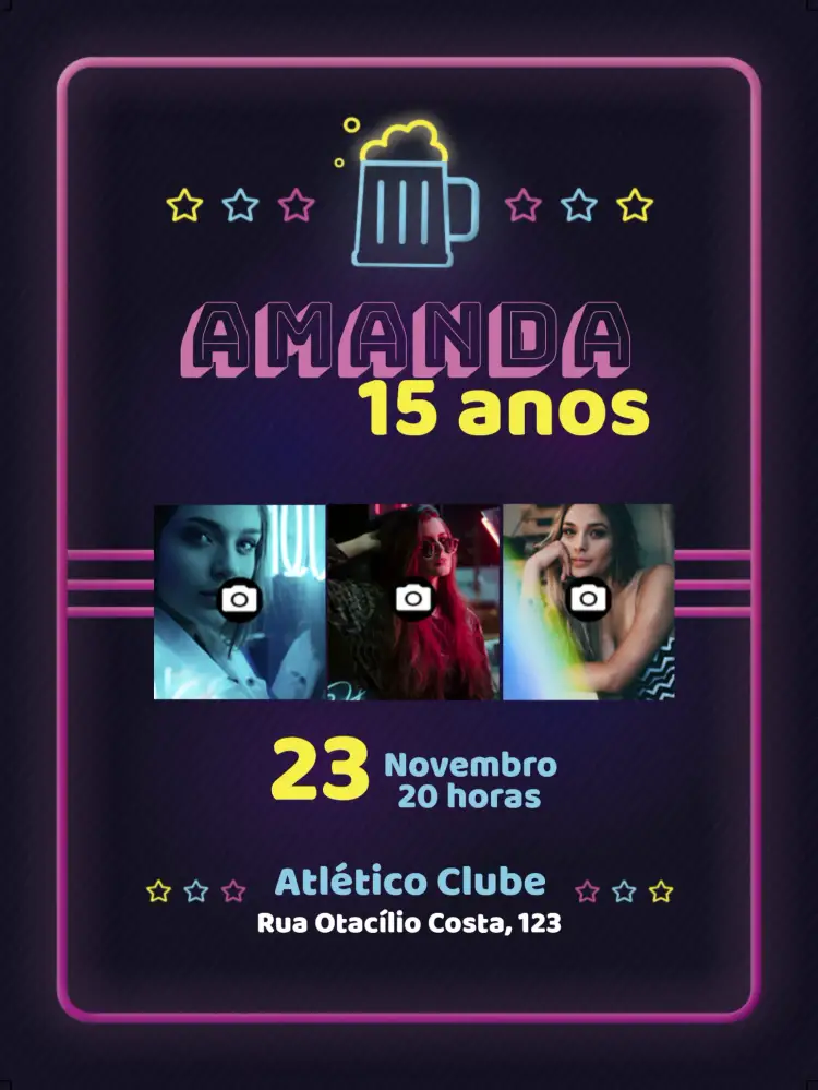 Convite Neon Com Fotos Mosaico