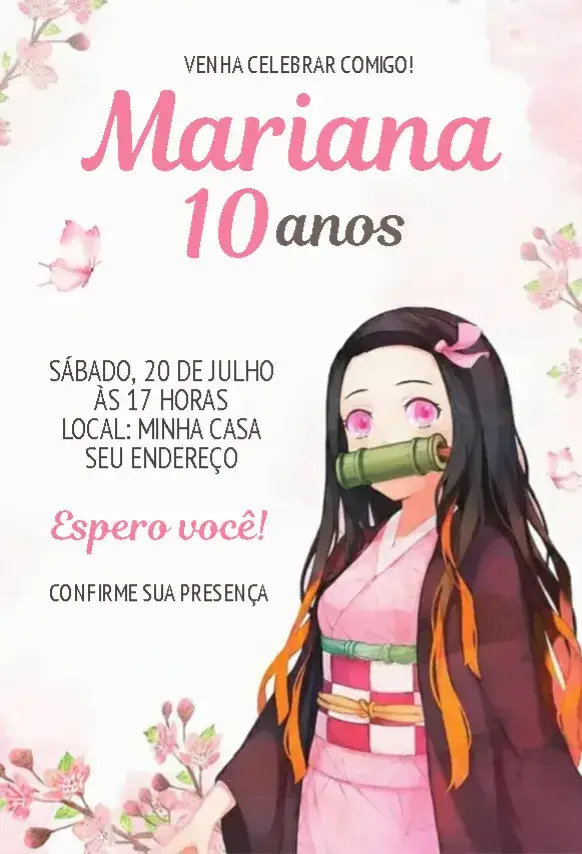 Convite Nezuko Kamado 1 – tema Aniversário Infantil colorido, jovial, fantasia, anime, divertido