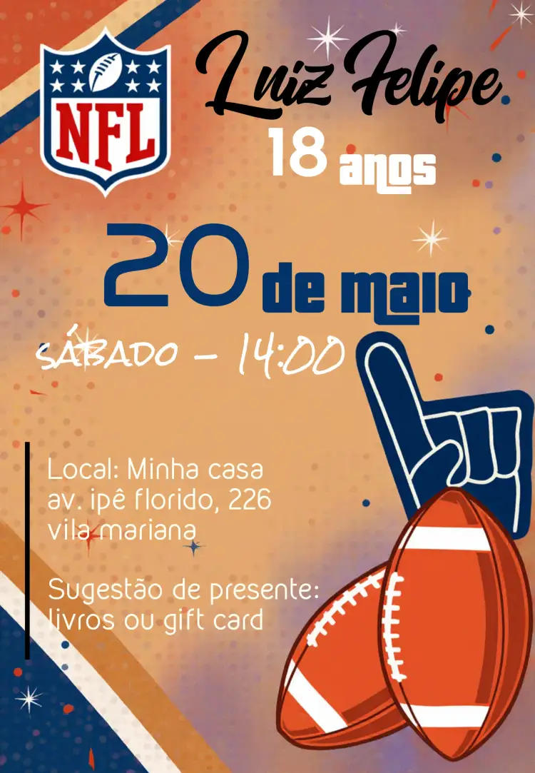 Convite Nfl Americano – tema Aniversário Infantil colorido, esportivo, moderno, temático, vibrante, divertido
