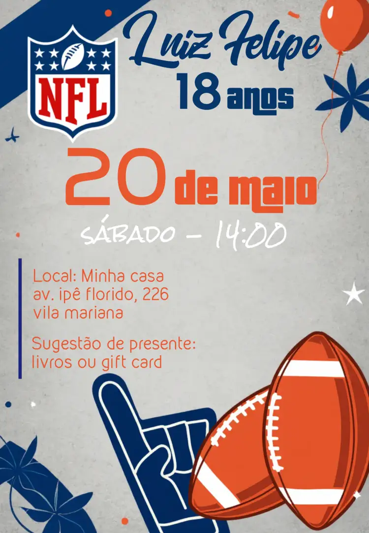 Convite Nfl Futebol – tema Aniversário Infantil colorido, esportivo, moderno, dinâmico, temático, vibrante