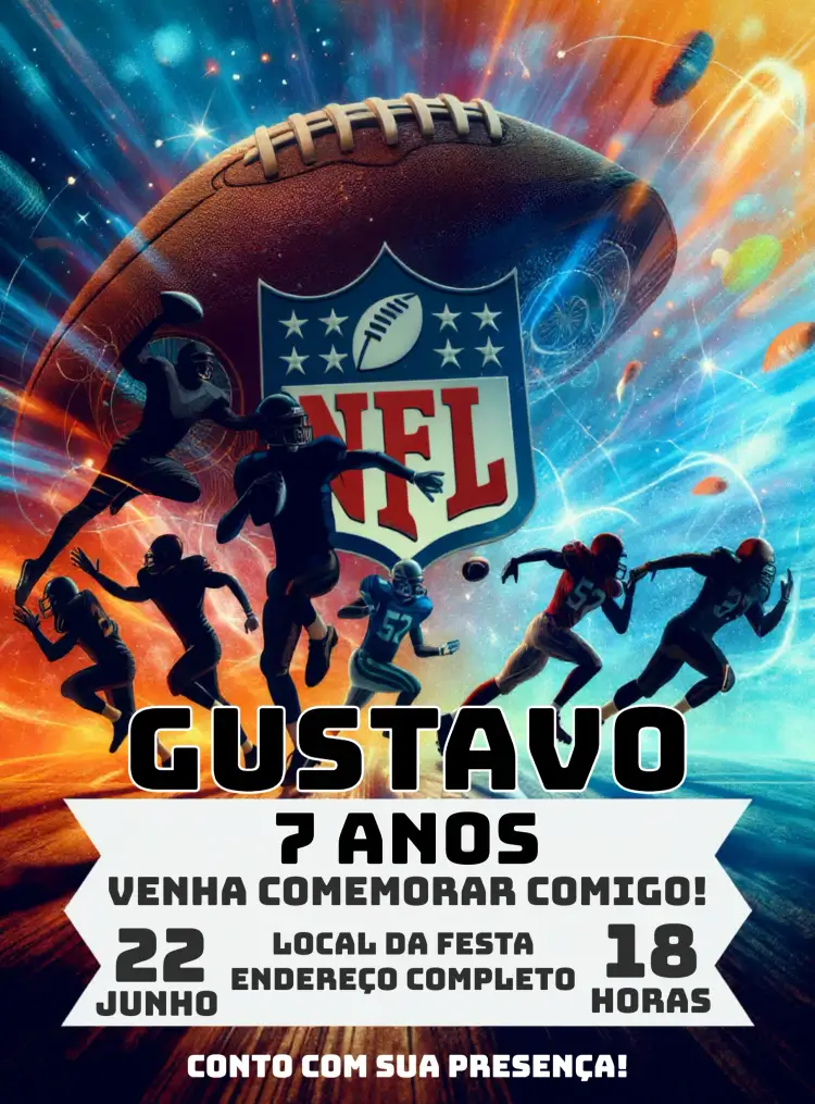 Convite Nfl Futebol Americano Bola – tema Aniversário Infantil futebol americano, moderno, colorido, divertido, esportivo, temático