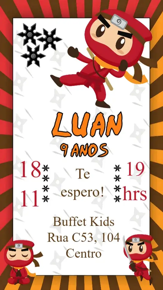 Convite Ninja Cute – tema Aniversário Infantil cores vibrantes, estilo fofo, ilustrações de ninja, design infantil, temática divertida, elementos gráficos alegres
