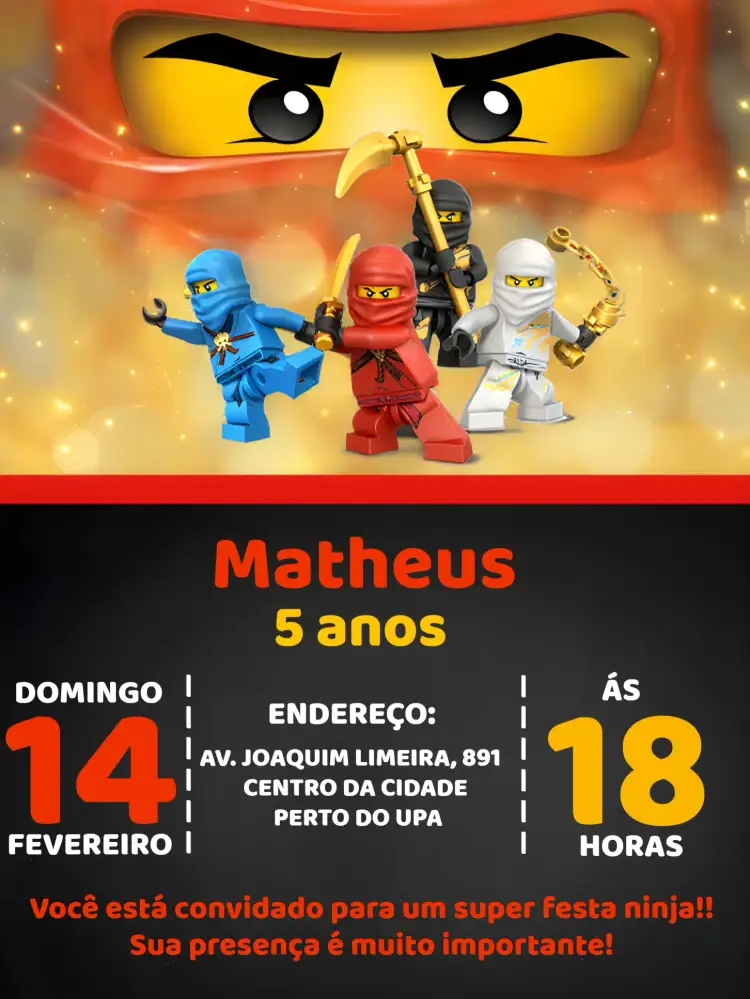 Convite Ninjago Amarelo – tema Mais pesquisados amarelo vibrante, estilo ninja, elementos gráficos de luta, design divertido, cores ousadas, inspirado em Ninjago