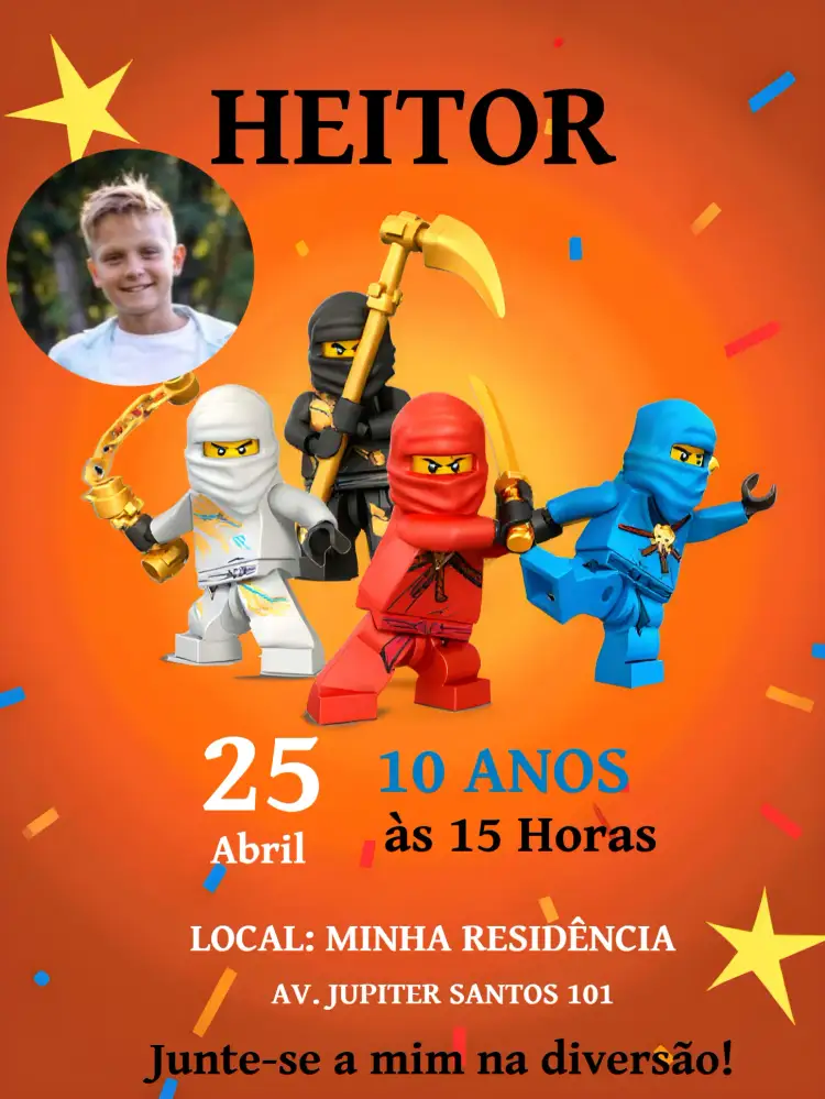 Convite Ninjago Lego Com Foto – tema Mais pesquisados colorido, temático, divertido, jovial, dinâmico