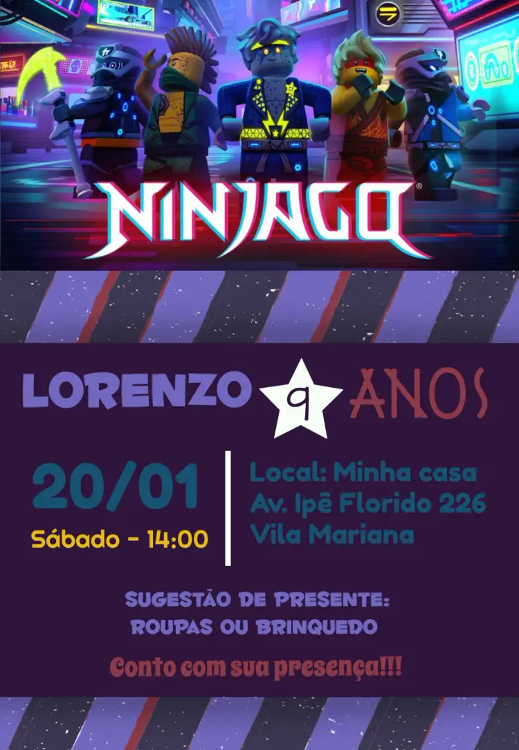 Convite Ninjago Lego Ninja Go Jogo – tema Aniversário Infantil colorido, moderno, jogos, desenhos animados, temático, aventura